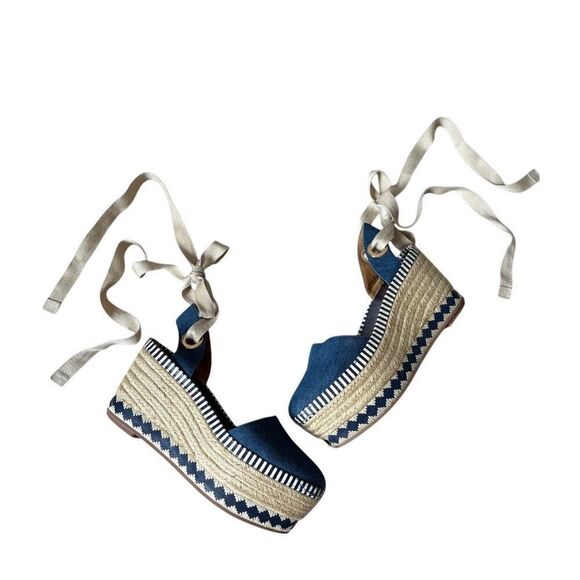 Tory Burch Denim Dandy Ankle Wrap Tie Up Wedge Sandals size 8 Espadrille - Picture 1 of 13